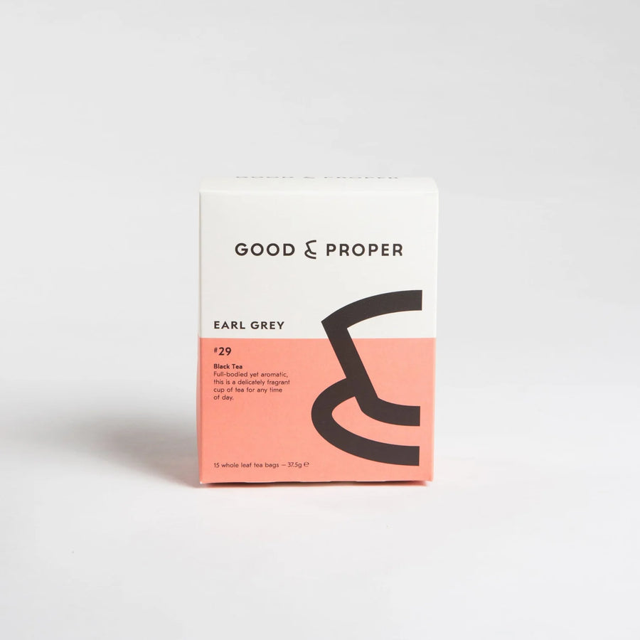Good & Proper Earl Grey Tea 15-bag box, black and pink packaging.