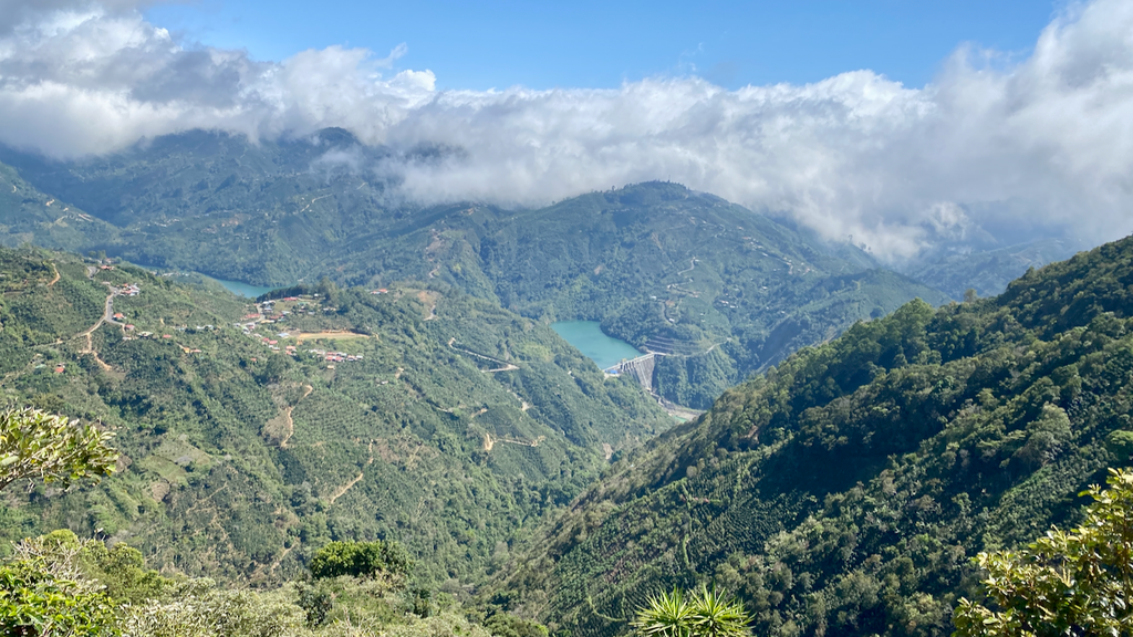 The view of the Pirrís Hydroelectric Dam from La Ladera farm in Leon Cortes, Costa Rica.