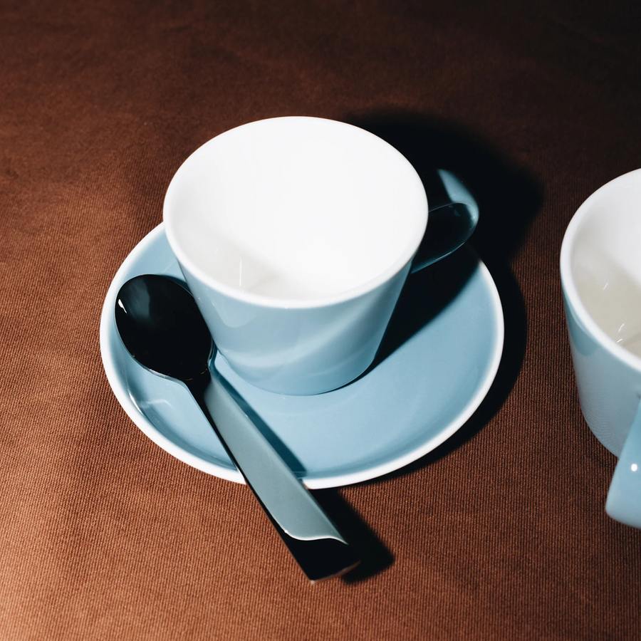Acme Roman Medium Mini Kokako (Blue) 110ml and saucer. Please note flatware spoon not included.