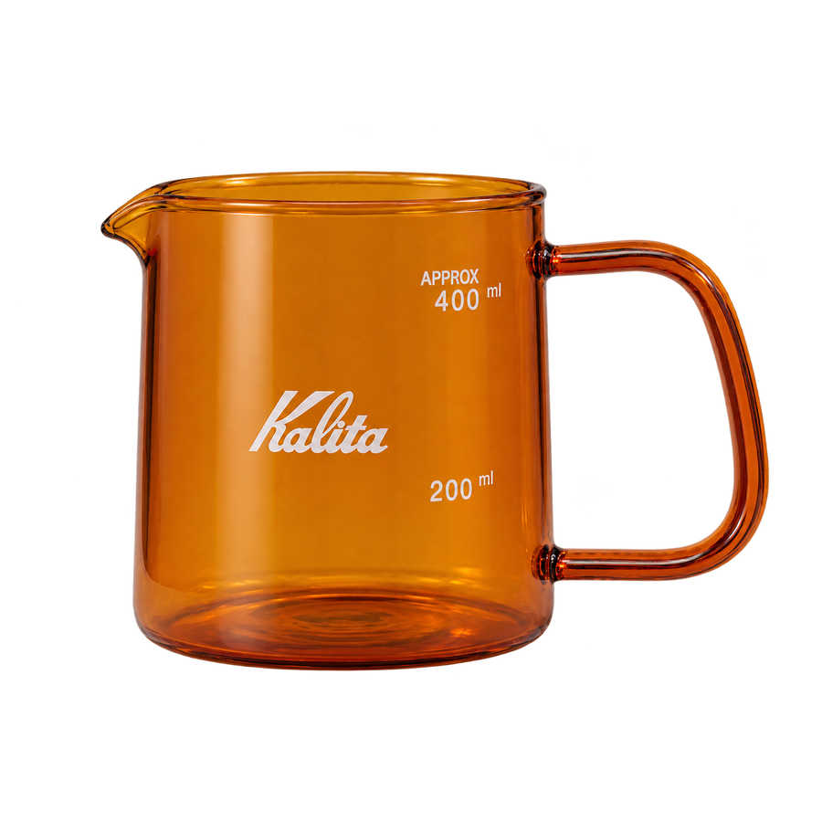 Kalita Jug 400 glass coffee server main product image showing front view of jug with glass handle, pouring spout, and etched glass details Kalita logo and 200ml and 400ml markings.